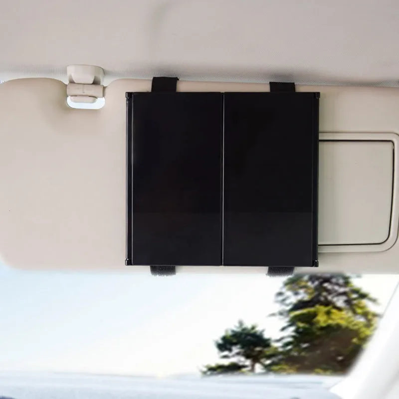 Silver car folding makeup mirror shown both closed and opened, with ABS frame and glass mirror.