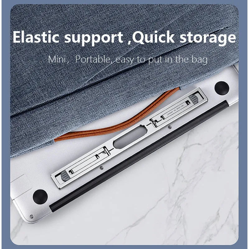 Aluminium laptop cooling bracket with adjustable height in dark grey or silver on desktop