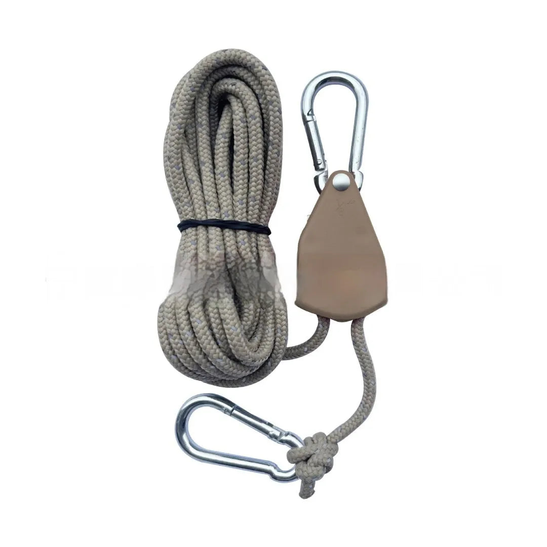 Outdoor tent rope pulley adjuster with metal adjuster and nylon guy rope in army green colour