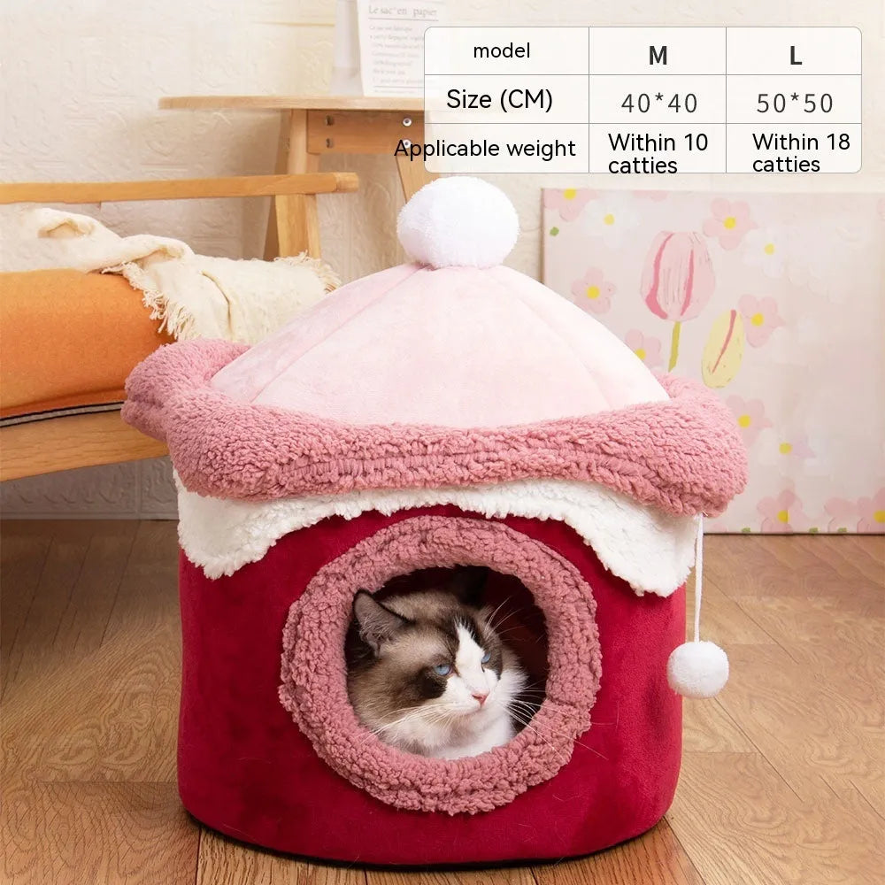 Ice cream house shaped dog pet house in pink with crystal velvet and pulled plush, M size 40×40 cm