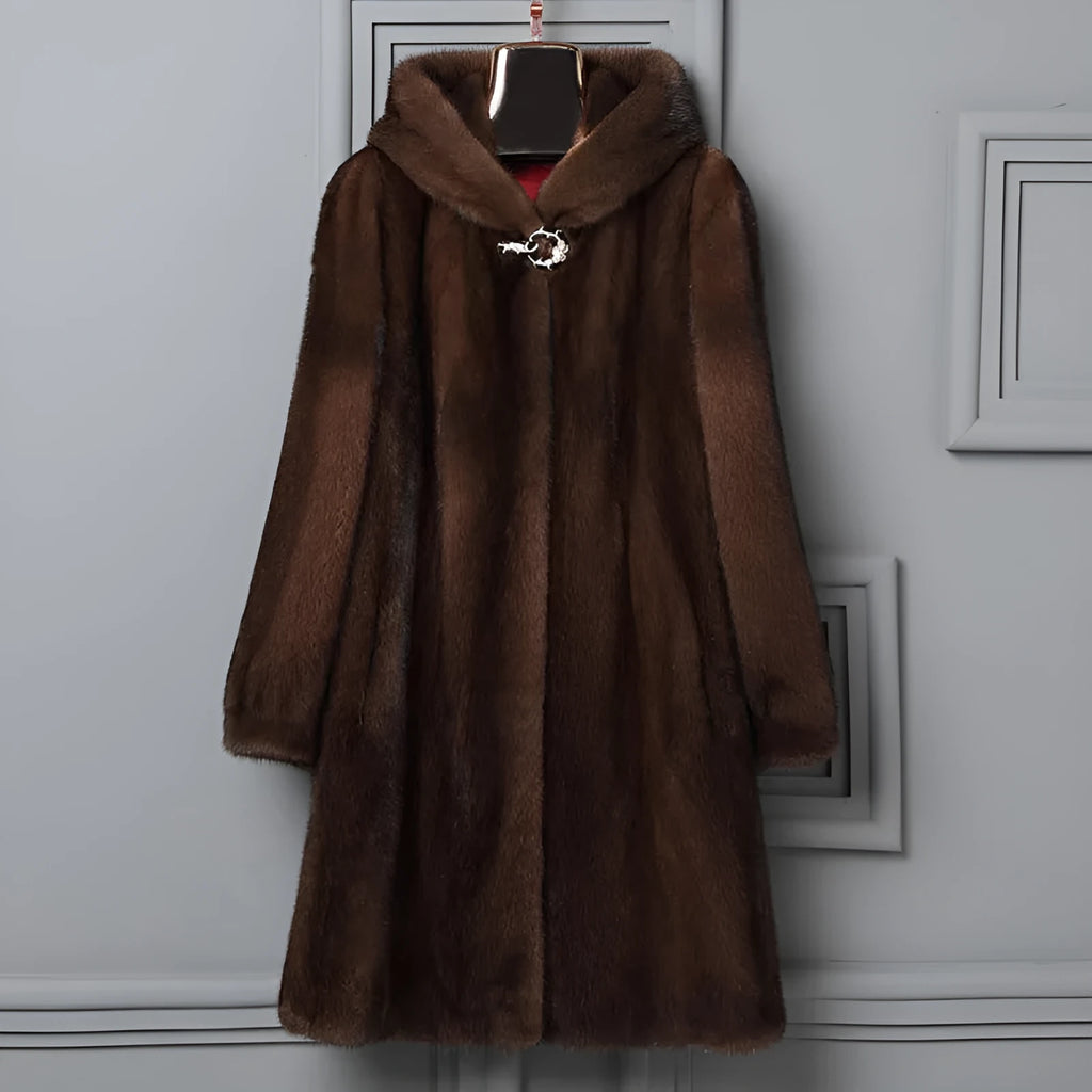 Women's long black faux fur hooded coat with street fashion style.