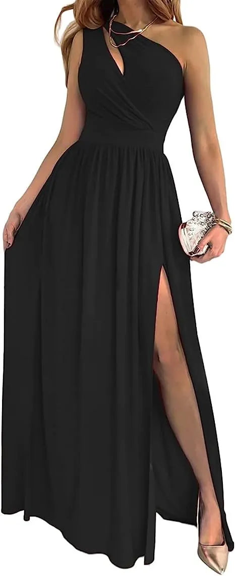 Women's one shoulder cocktail maxi dress in soft fabric with high split and cutout design.
