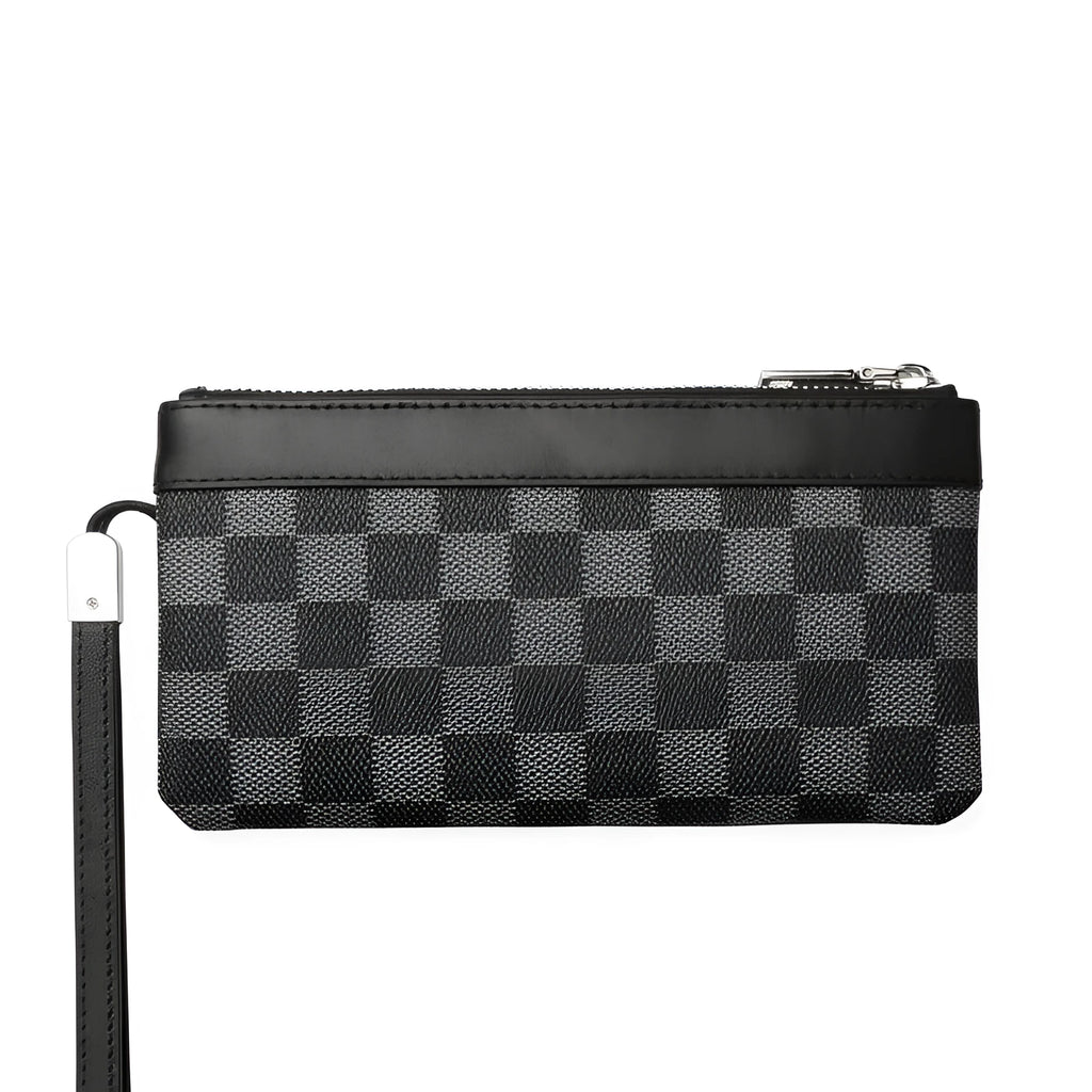 Black men's leather clutch wallet showing front view and open interior with polyester lining.
