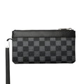 Black men's leather clutch wallet showing front view and open interior with polyester lining.