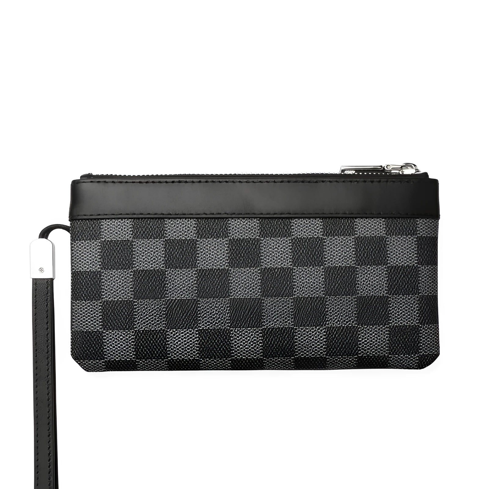 Black men's leather clutch wallet showing front view and open interior with polyester lining.