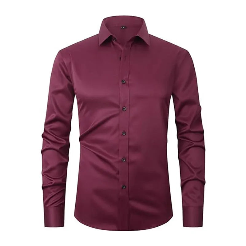 Men's stretch long sleeve work shirt in a blue colour variant on a hanger.