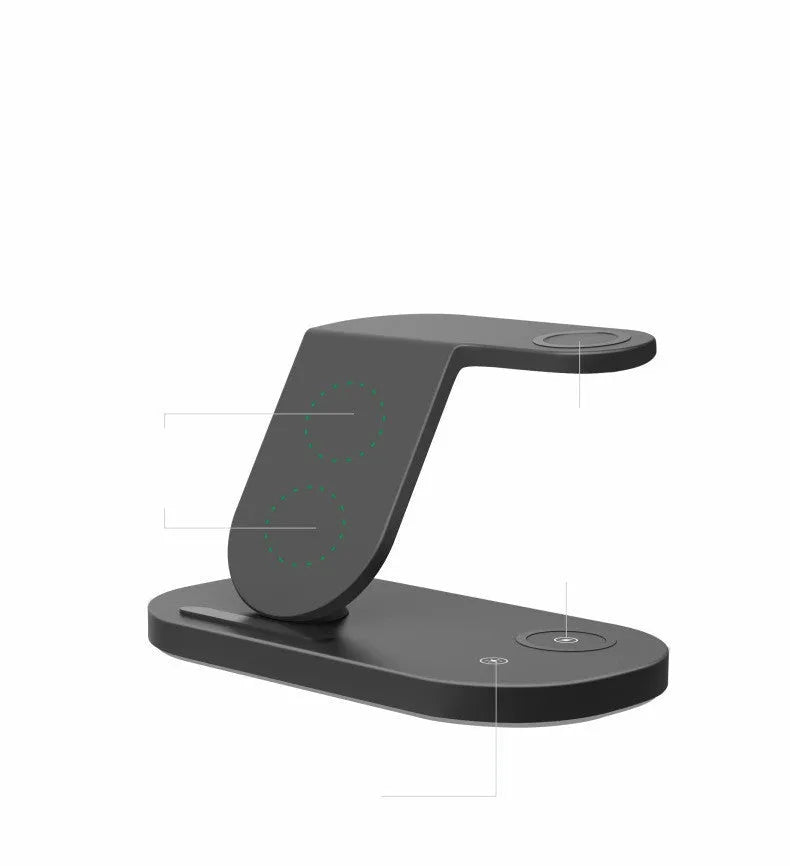 White three-in-one wireless charger showing phone, watch, and headphone charging pads with a Type-C cable.