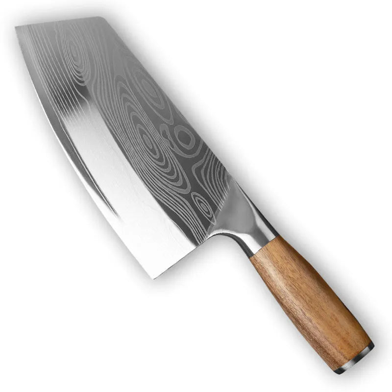 Forged stainless steel kitchen knife with a 320mm blade on a wooden cutting board.