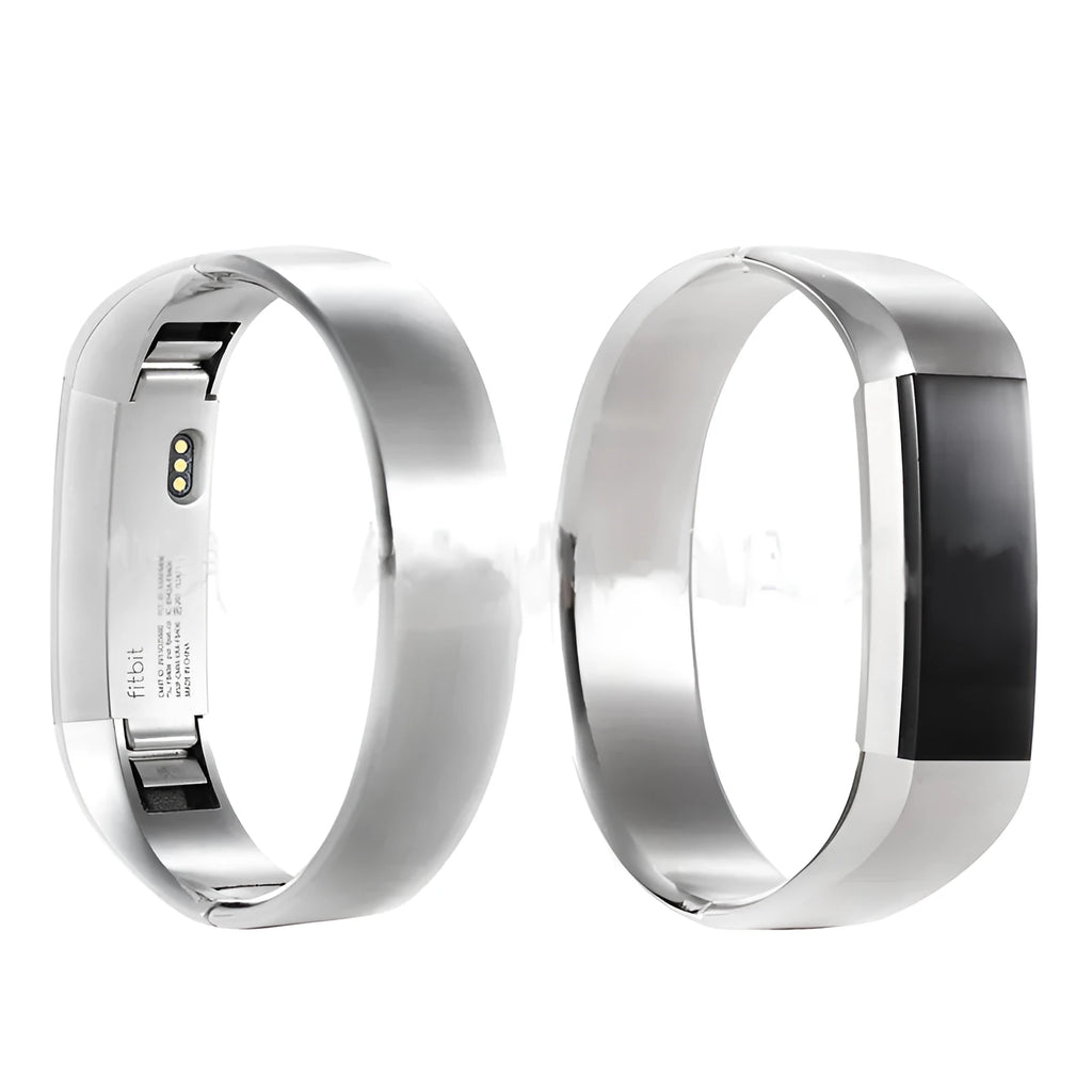 Fitbit Alta smart watch with a stainless steel replacement bracelet strap featuring a deployment buckle, shown in silver finish.