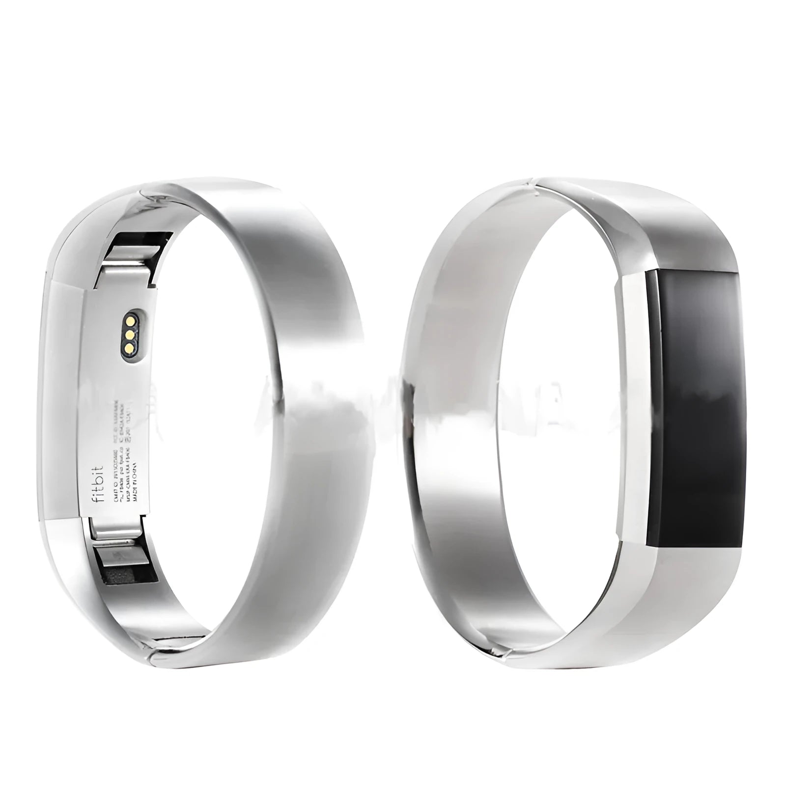 Fitbit Alta smart watch with a stainless steel replacement bracelet strap featuring a deployment buckle, shown in silver finish.