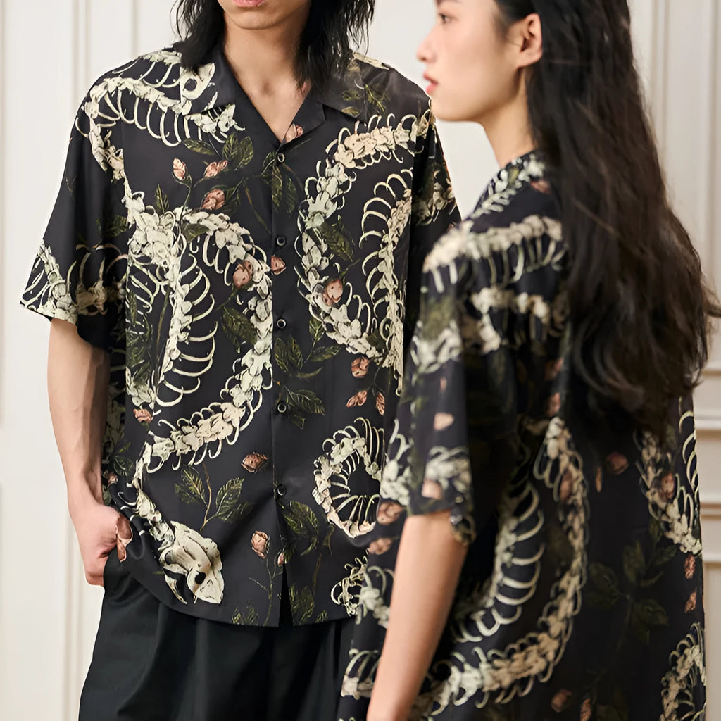 Short sleeve shirt with snake bone and flower pattern, Cuban collar, loose fit, in available colours.