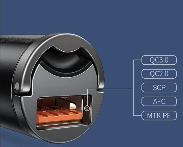 Baseus electro-optical grey 30W PPS fast-charge USB car charger with one-metre cable.