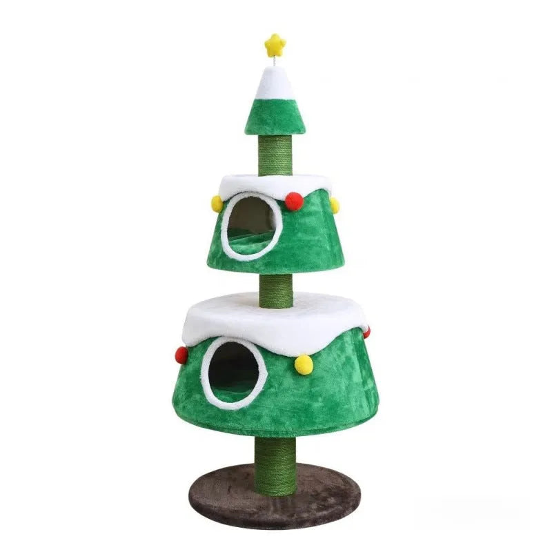 Green Christmas tree style cat nest and cat tree with sisal scratching surface, integrated climbing frame for indoor cats