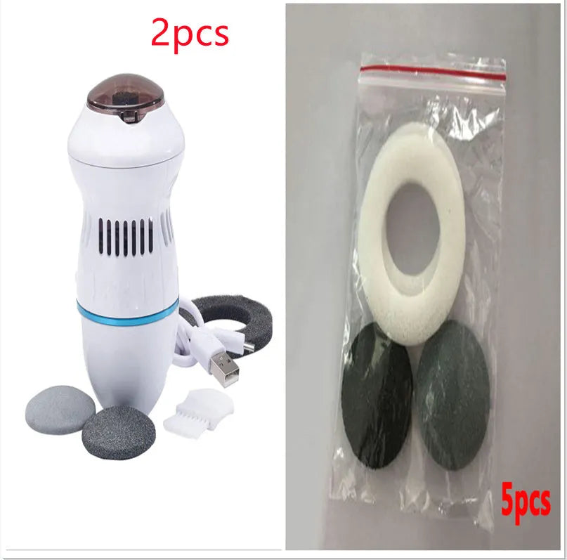 Beige and white electric foot file grinder with USB cable and two diamond grinding heads on a plain background