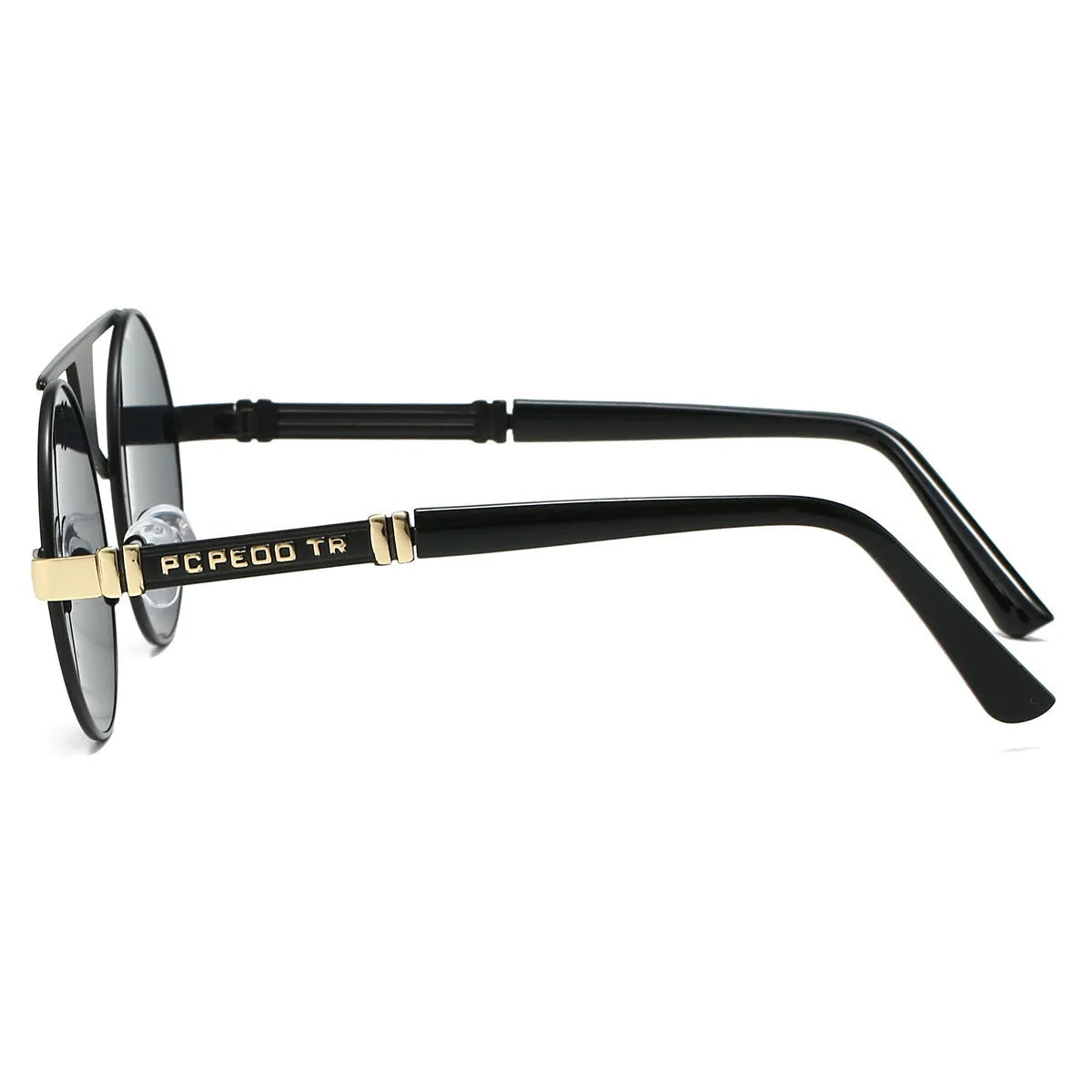 Men's double beam round frame sunglasses with PC lenses in black frame black colour variant