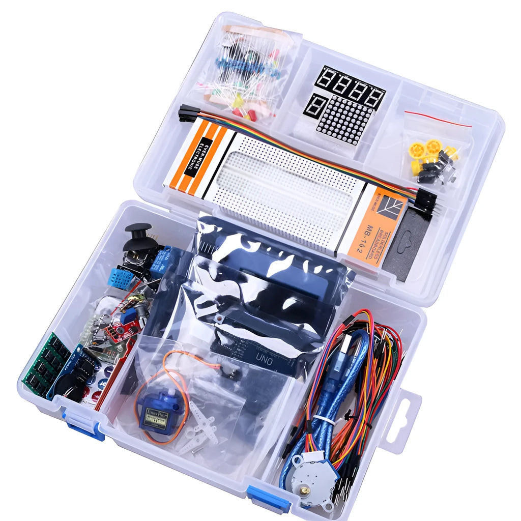 RFID upgraded Arduino starter kit with stepper motor, UNO board, breadboard, sensors, and LCD modules