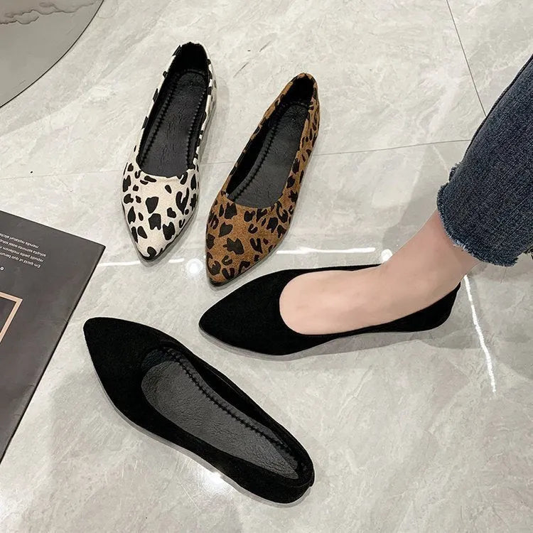 Women's flat pump shoes with a pointed toe in leopard print, beige, and black colour options on a white background.