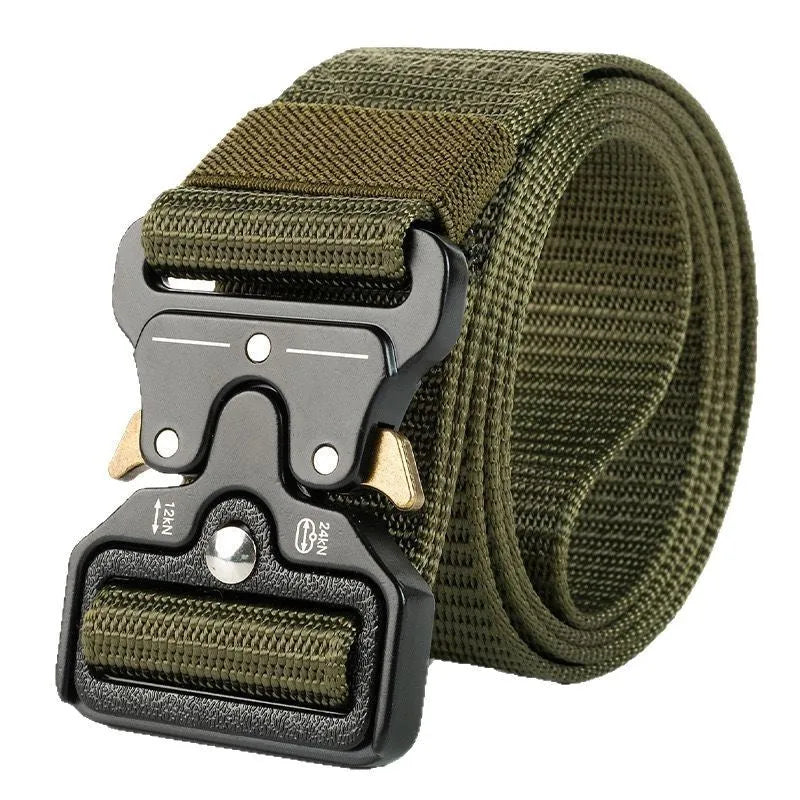 Men's tactical canvas belt with alloy release buckle in Army Green colour on a neutral background.