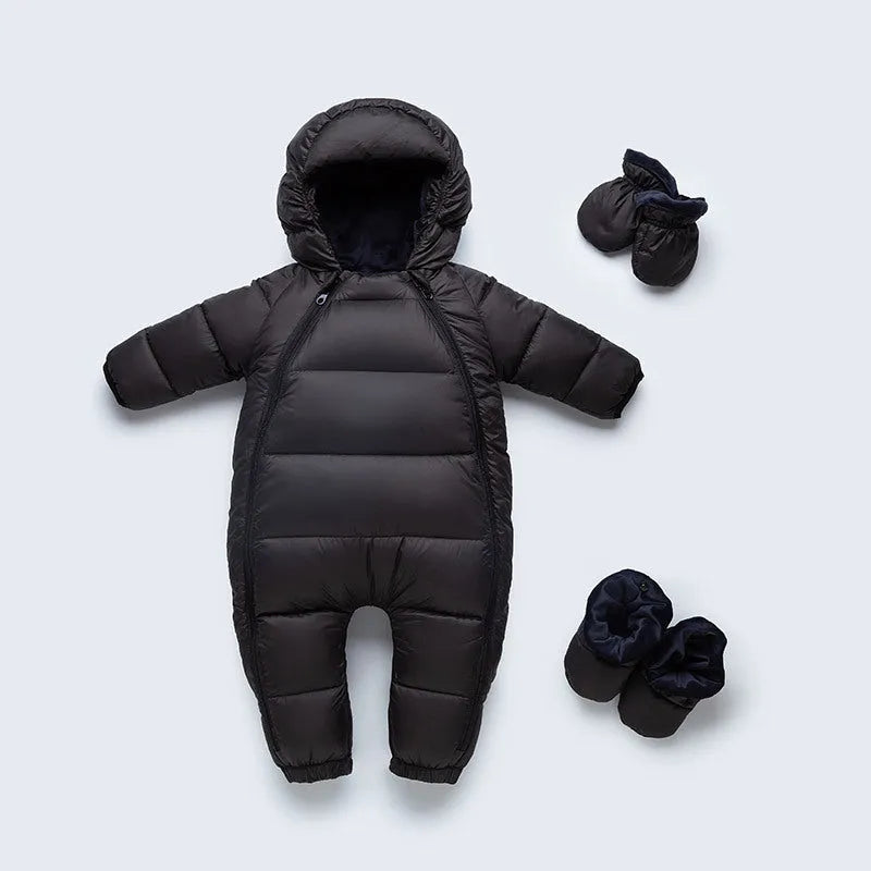 Baby down jacket thickened jumpsuit in solid colour with attached hood, suitable for 66-100cm height