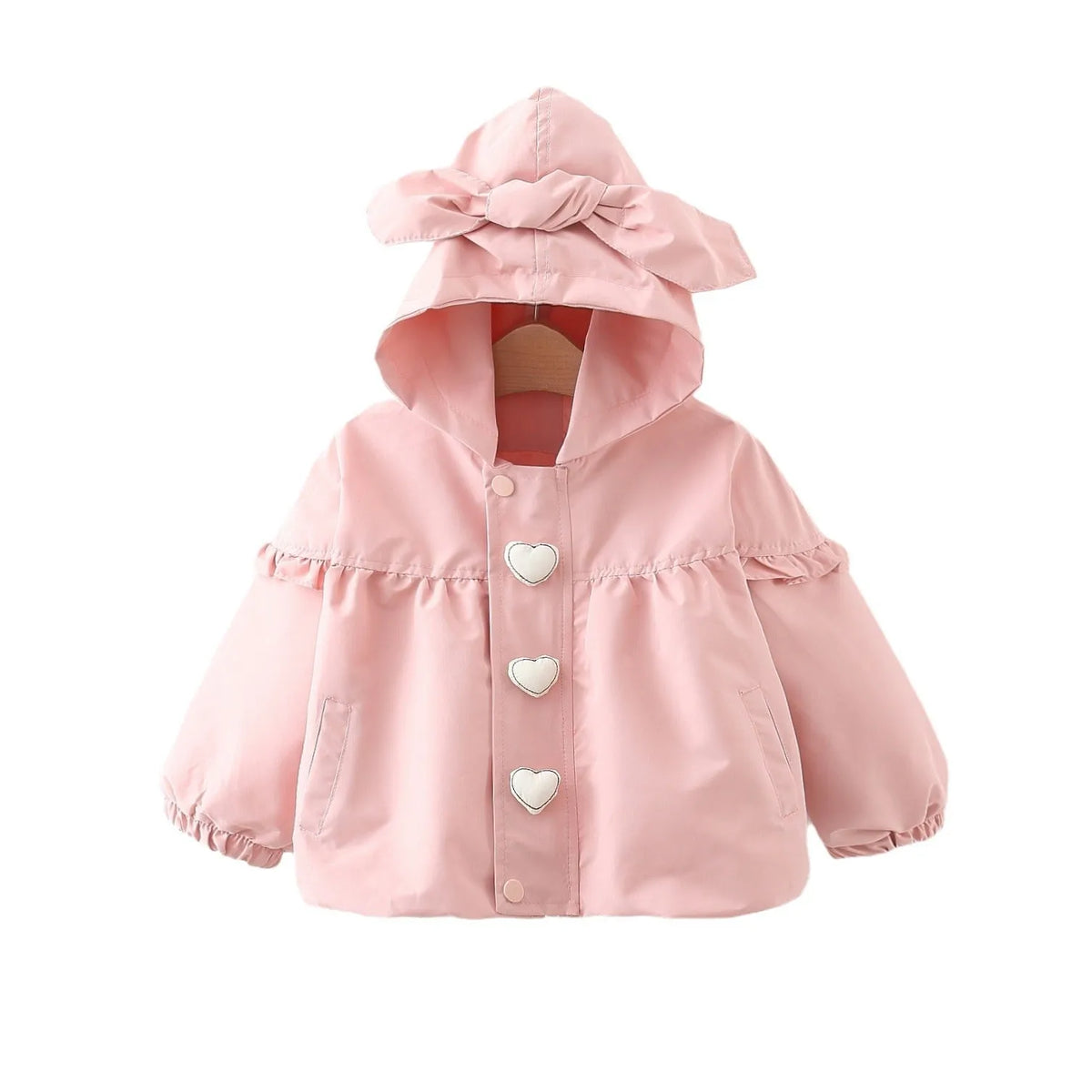 Children's mid-length love hooded trench coat in green, cotton blend, zipper closure, fixed hood, girls casual spring autumn coat