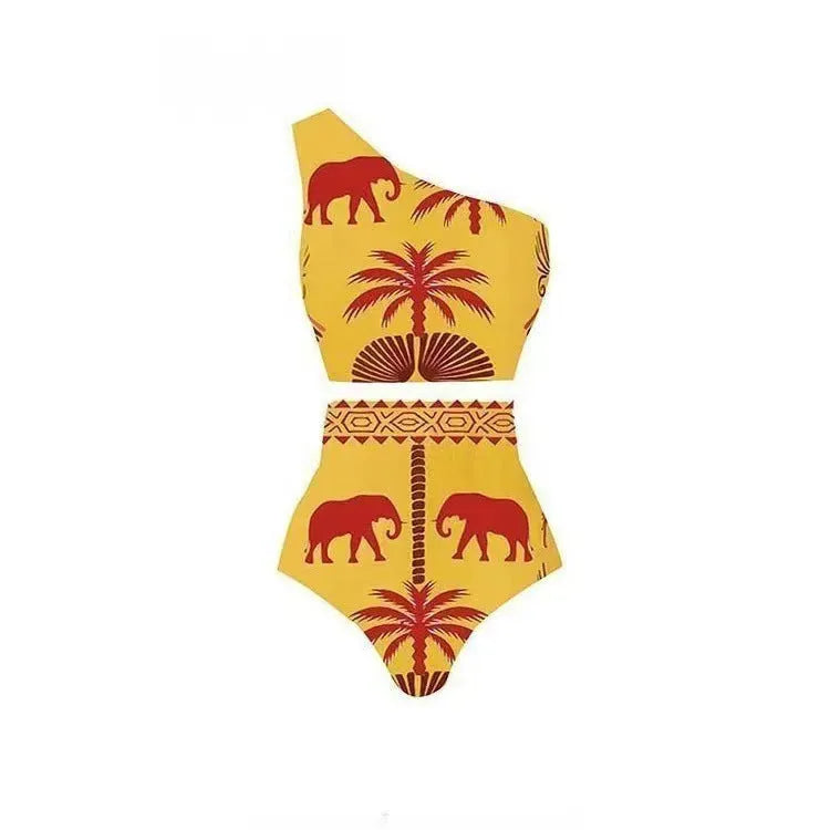 Women's black one-piece polyester swimsuit on a hanger, showing one-shoulder style
