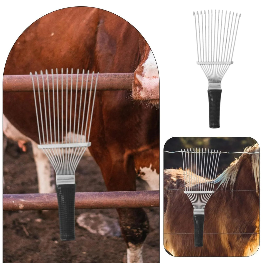 Black stainless steel animal grooming rake comb with curved teeth for horses and dogs.