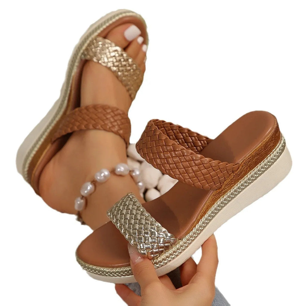 Gold and silver plus size wedge sandals for women in UK sizes 36-43 with PU leather and rubber soles