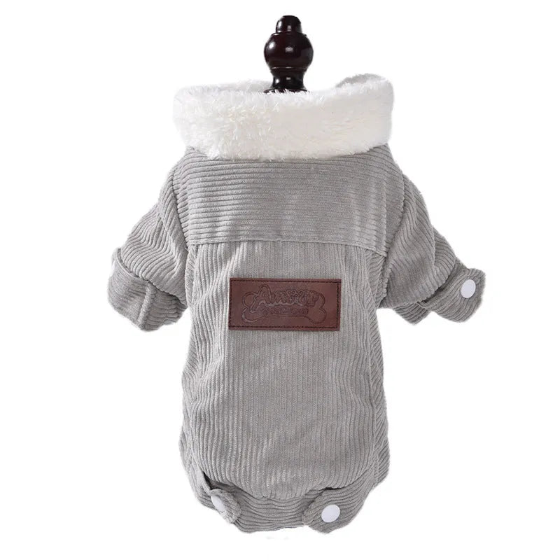 Lambswool grey fleece lined dog vest for winter warmth shown on a small dog.