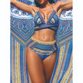 Women's cross bandage bikini set with high waist briefs and sheer veil panels in blue colour