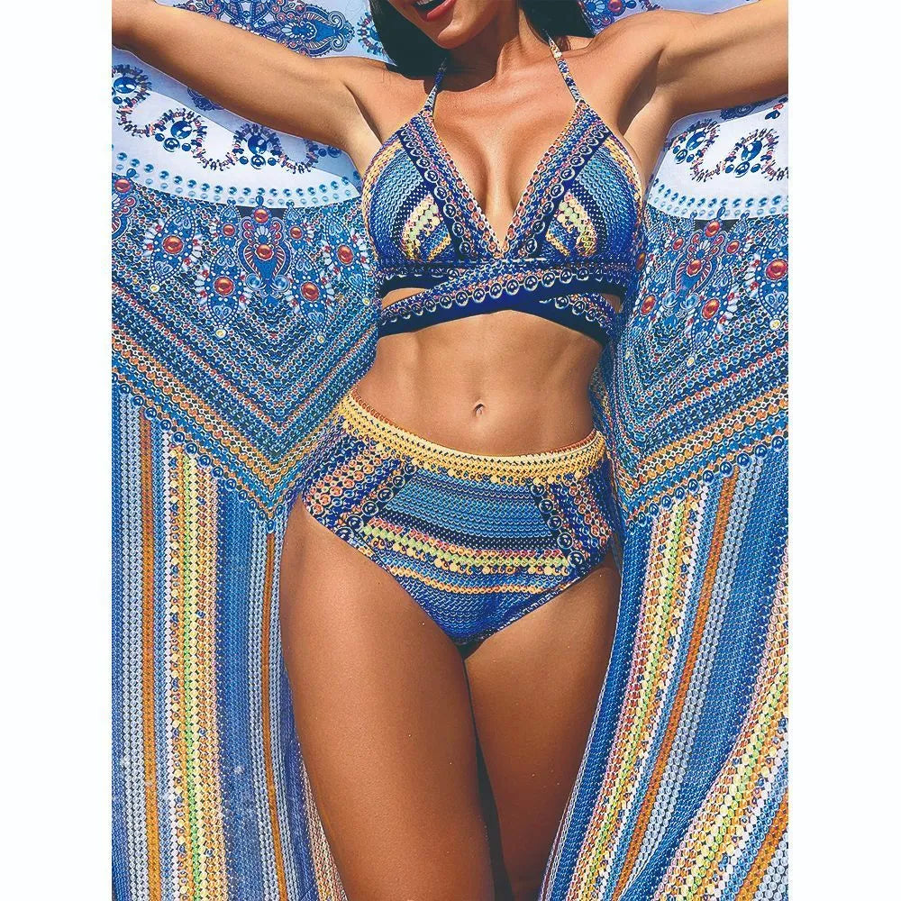 Women's cross bandage bikini set with high waist briefs and sheer veil panels in blue colour