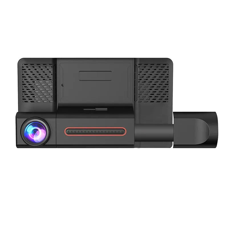 Black three-lens dashcam with 4-inch touchscreen display for front and rear car recording