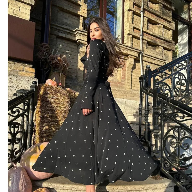 Women's floral print maxi dress, long sleeve, high waist, lace-up tie, black grey green apricot white
