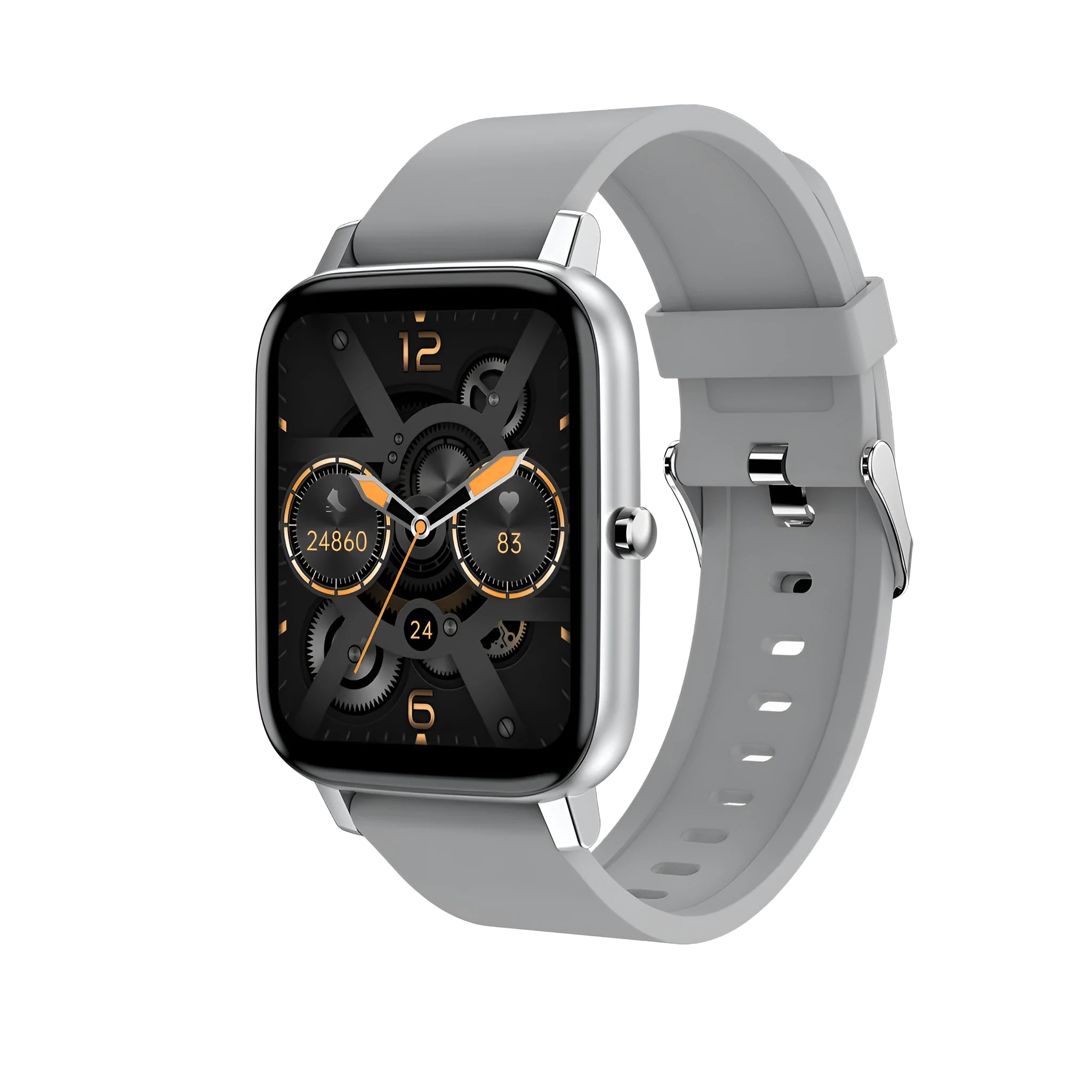 H80 black smart watch on wrist showing heart rate graph on its 1.69-inch spherical tempered glass screen.