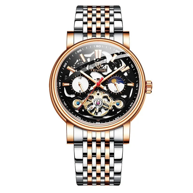 Men's casual luminous waterproof mechanical watch with visible tourbillon movement on wrist.