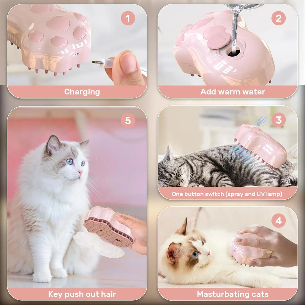 Self-cleaning cat steam brush with blue light, silicone bristles, and rechargeable spray function