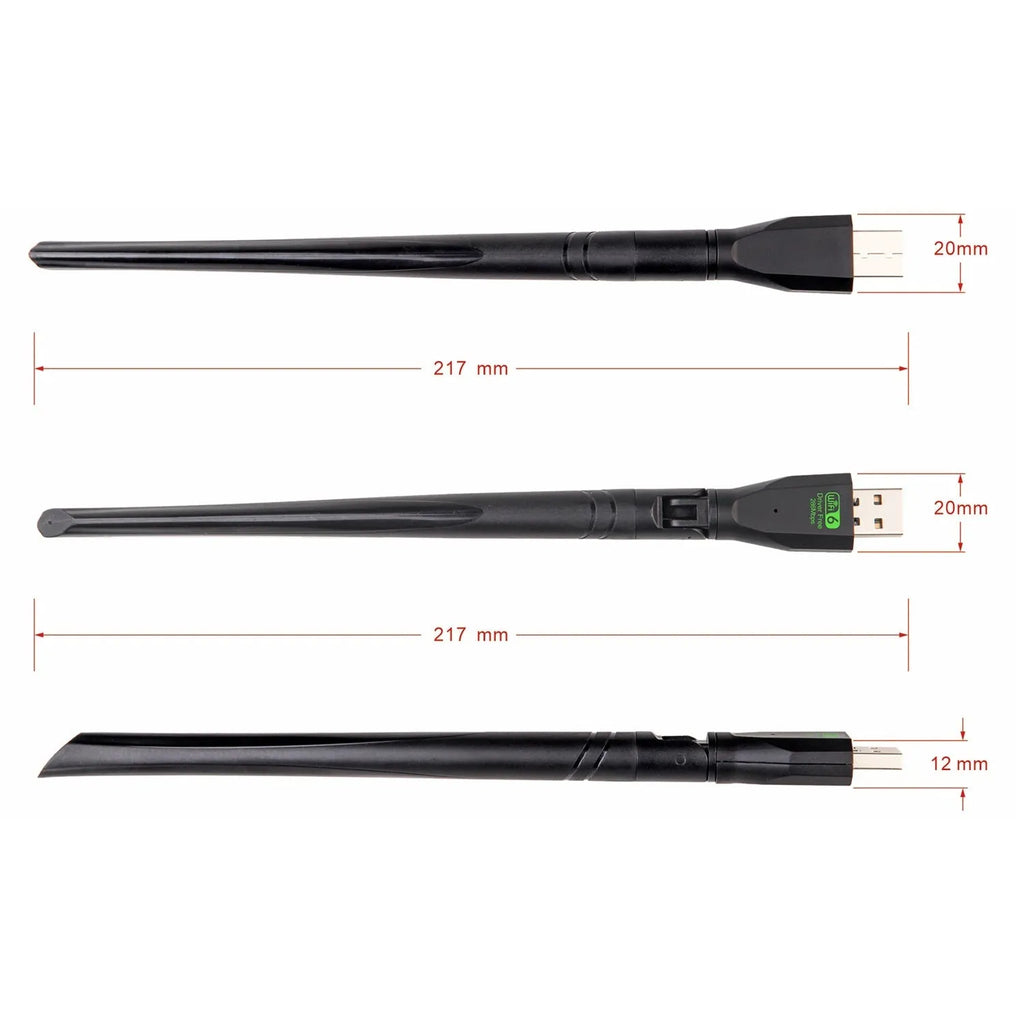 Black USB WiFi 6 wireless network card dongle for laptop and PC connectivity.