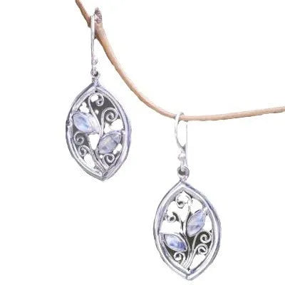 Silver alloy leaf earrings with embedded colourful moonstone, diamond cut treatment details