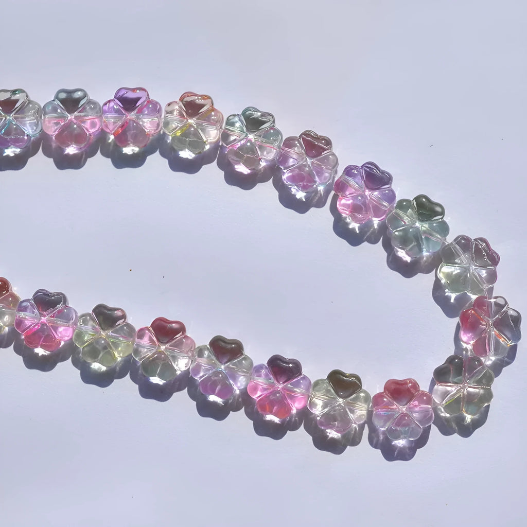 10mm gradient colour crystal glass beads in four-leaf clover shape with transparent iridescent electroplated finish