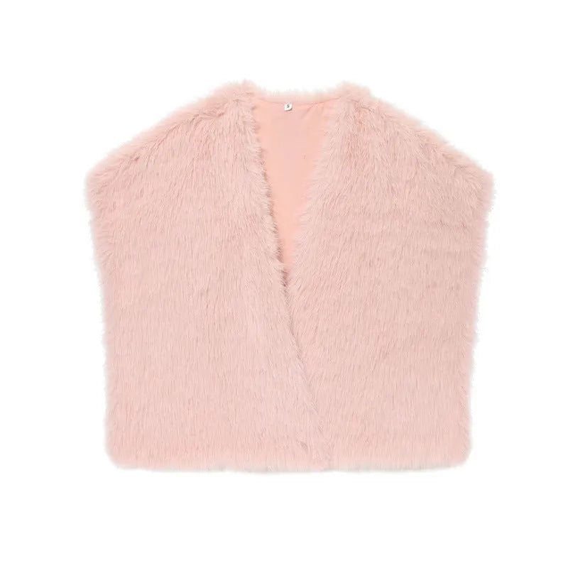 Faux fur effect vest for women in beige, v-neck, regular sleeve, soft texture