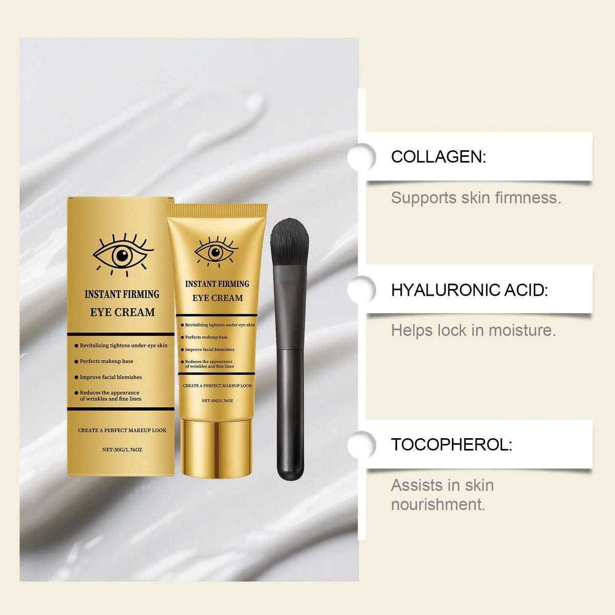 Hydrating elastic massage eye neck cream 50g with brush applicator, packing size 5 x 3.6 x 15.4cm