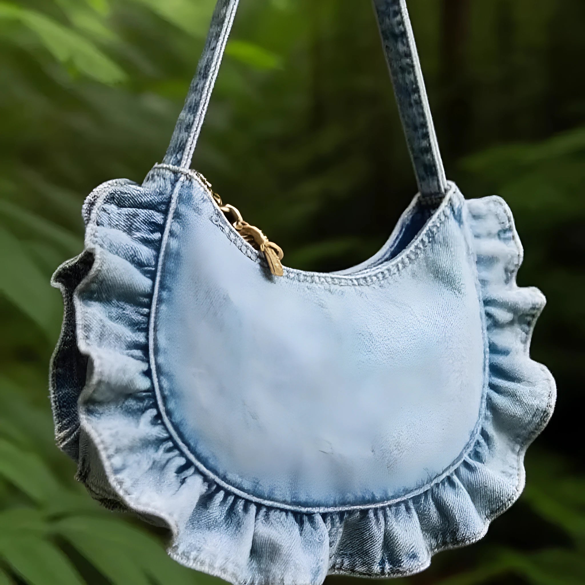 Denim blue cross-body bag with lace pleated trim and single shoulder strap, bucket shape.