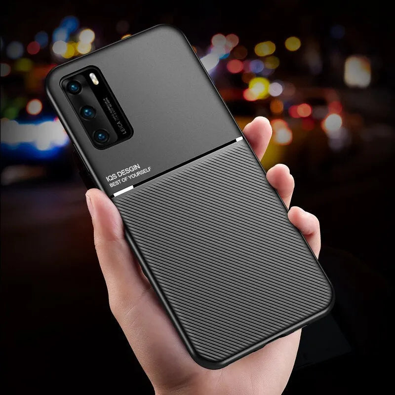 Magnetic friction phone case for Huawei P30 Pro Mate 20 in black PU leather and iron sheet back cover