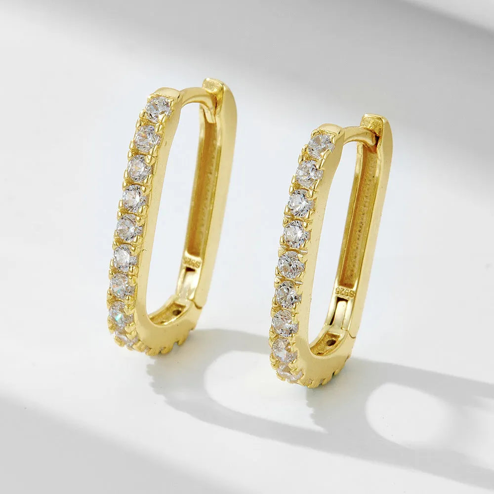 S925 sterling silver oval zircon earrings with geometric quadrilateral design in ear clip style