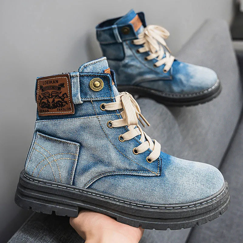 Men's mid-top canvas Martin boots in black or blue, sizes 39-48, with 3-5cm mid heel and PVC sole