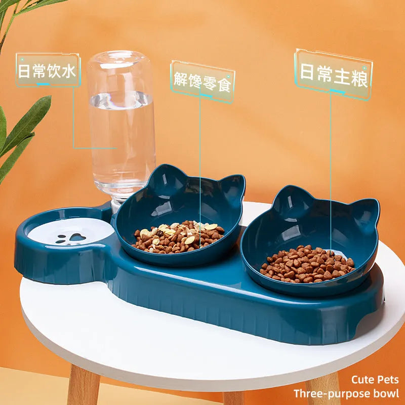 Double bowl plastic pet food and water basin for cats and dogs, showing two bowls in one unit.