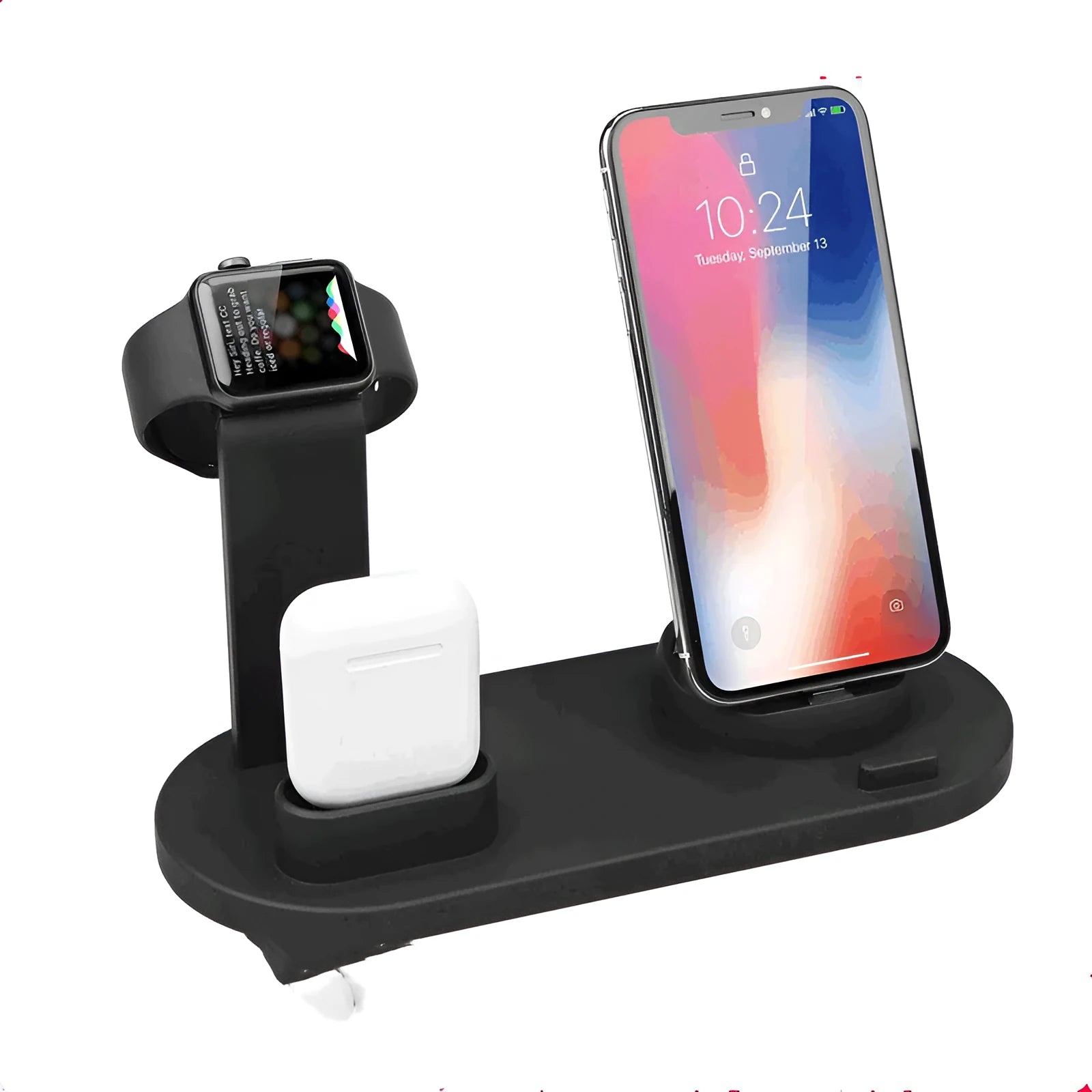 White aluminium wireless charging stand holding phone, headphones and smartwatch