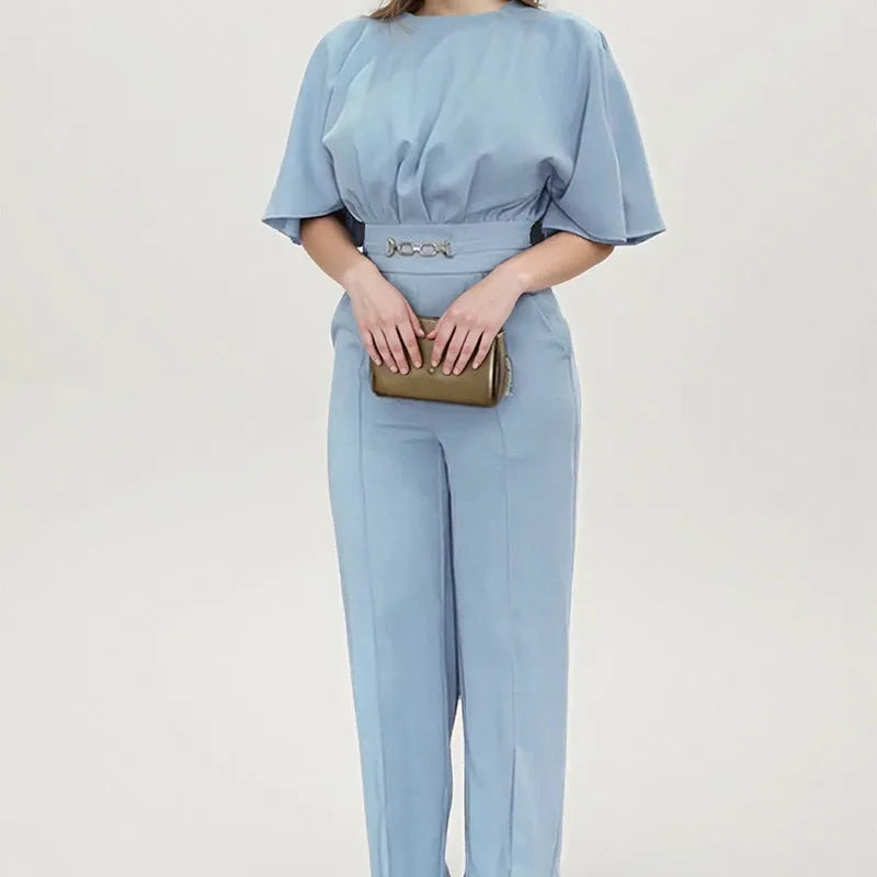 Blue men's two-piece polyester suit set on a hanger, featuring a long-sleeve shirt and trousers.