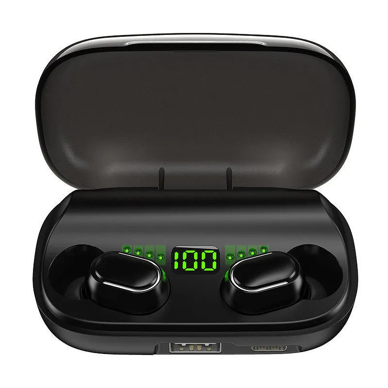 Black TWS digital display XT01 Bluetooth earphones with charging case showing battery percentage on screen.