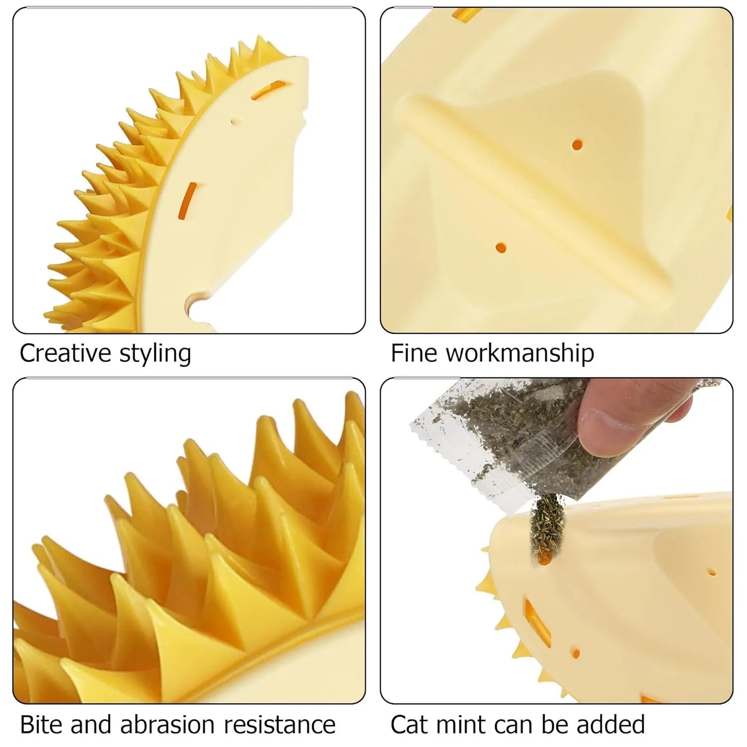 Yellow durian-shaped cat corner scratcher and massage comb mounted on a wall.