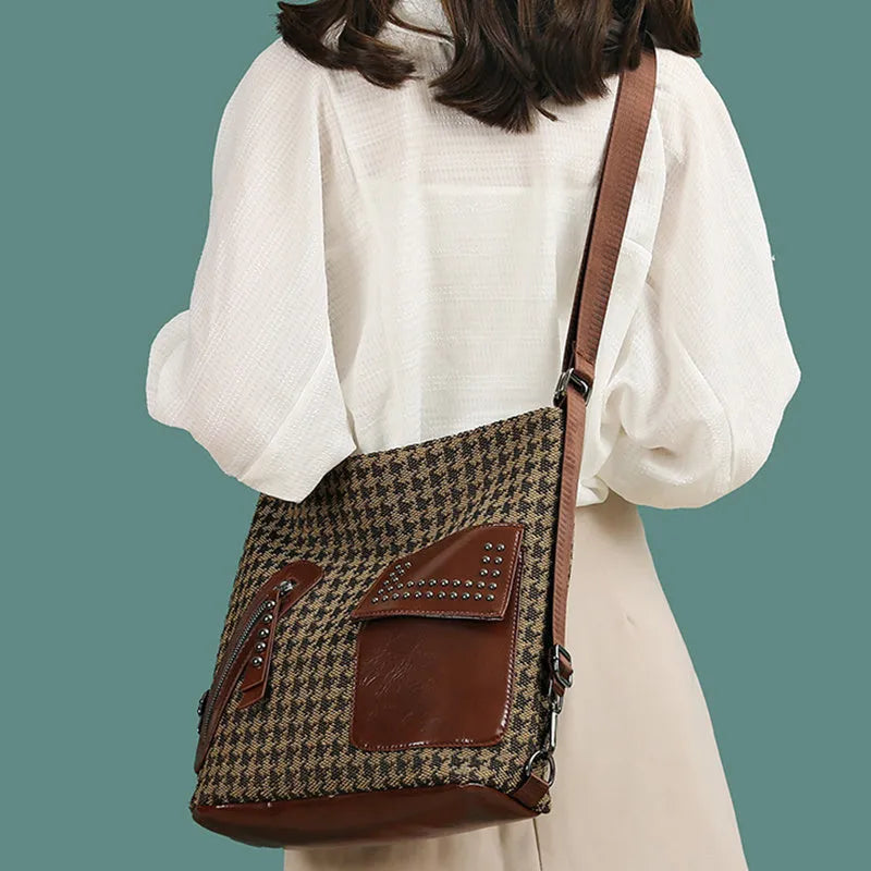 Medium houndstooth nylon backpack for women with rivet design and zipper opening in Leopard Pattern